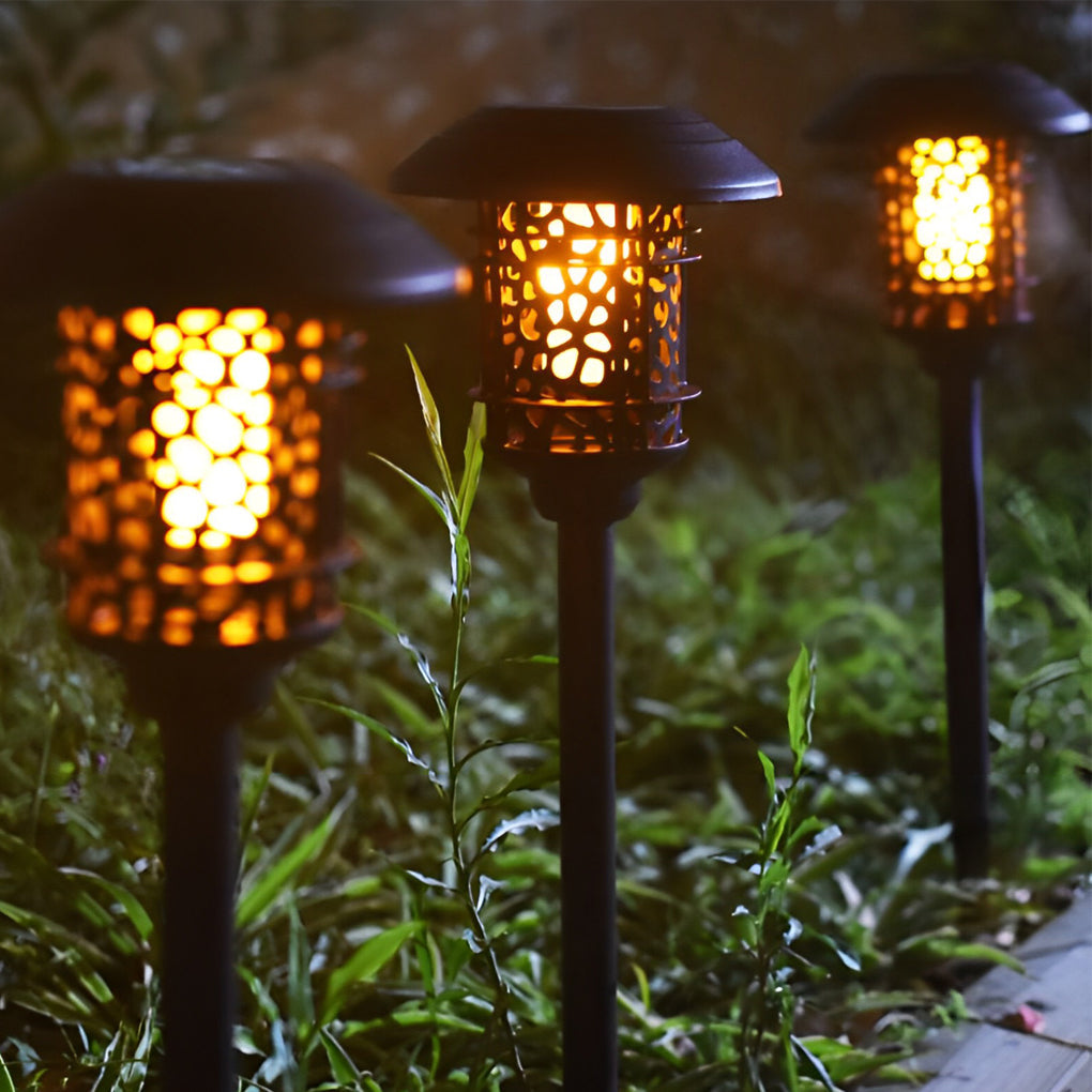 Waterproof Round Hollow LED Flame Flickering Modern Solar Lawn Lights - Lamp Outdoor