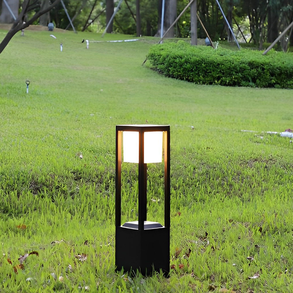 Hollow Rectangular Solar LED Pathway Bollard Lights Black Aluminum Modern Design - Lamp Outdoor