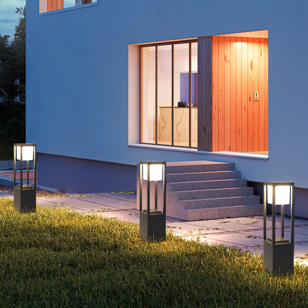 Hollow Rectangular Solar LED Pathway Bollard Lights Black Aluminum Modern Design - Lamp Outdoor
