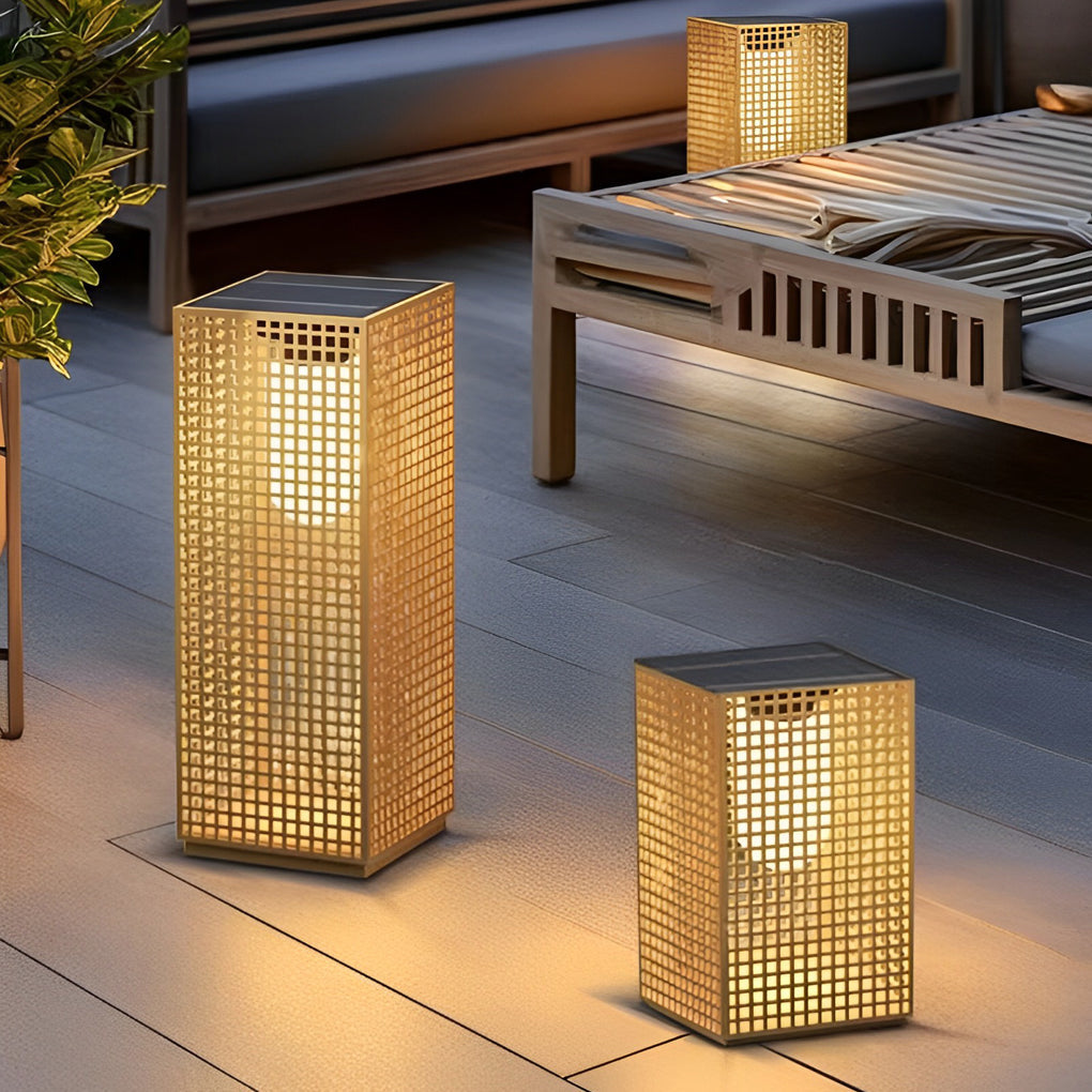 Artistic Gold Cuboid Pathway Bollard Lights with LED Solar or Hardwired Asian-Inspired Design - Lamp Outdoor