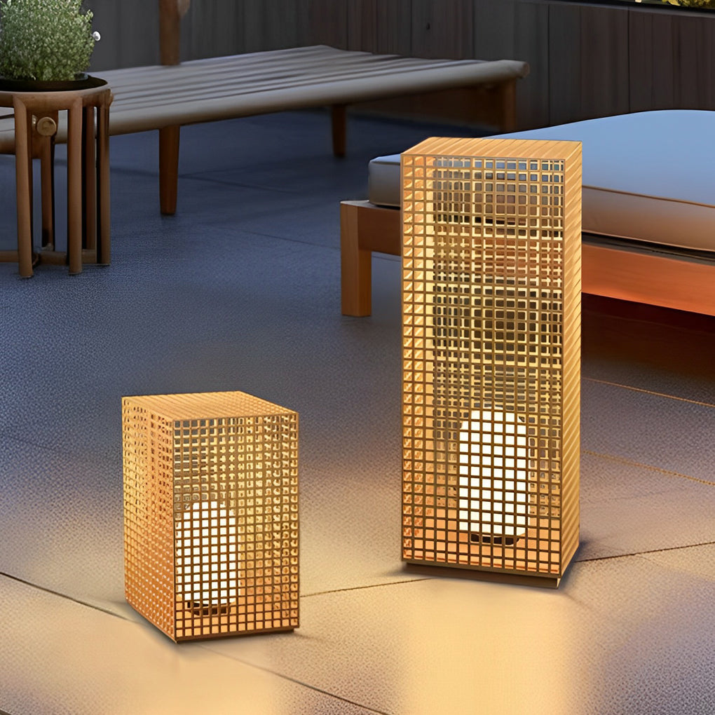 Artistic Gold Cuboid Pathway Bollard Lights with LED Solar or Hardwired Asian-Inspired Design - Lamp Outdoor