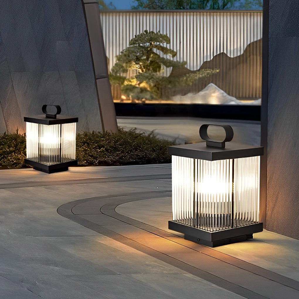 Portable Solar Lantern in Square Rippled Glass Design with Waterproof Black Finish - Lamp Outdoor