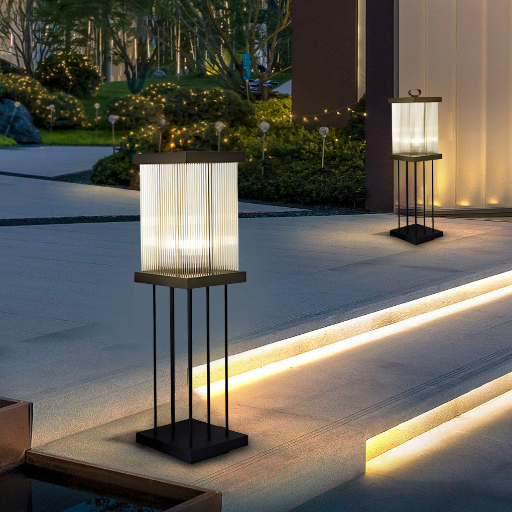 Portable Solar Lantern in Square Rippled Glass Design with Waterproof Black Finish - Lamp Outdoor