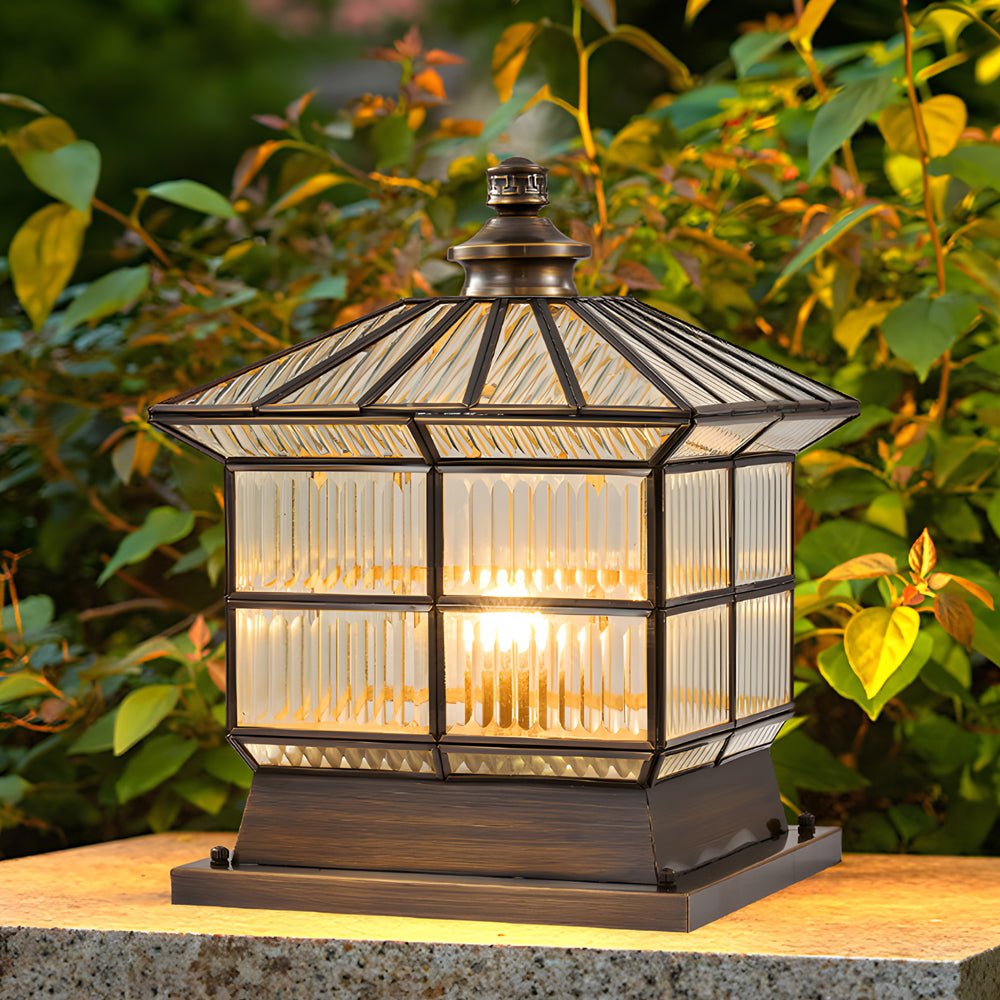 Square Bronze Hardwired/Solar Pillar Lamp Fence Post Light with 3 Step Dimming - Lamp Outdoor
