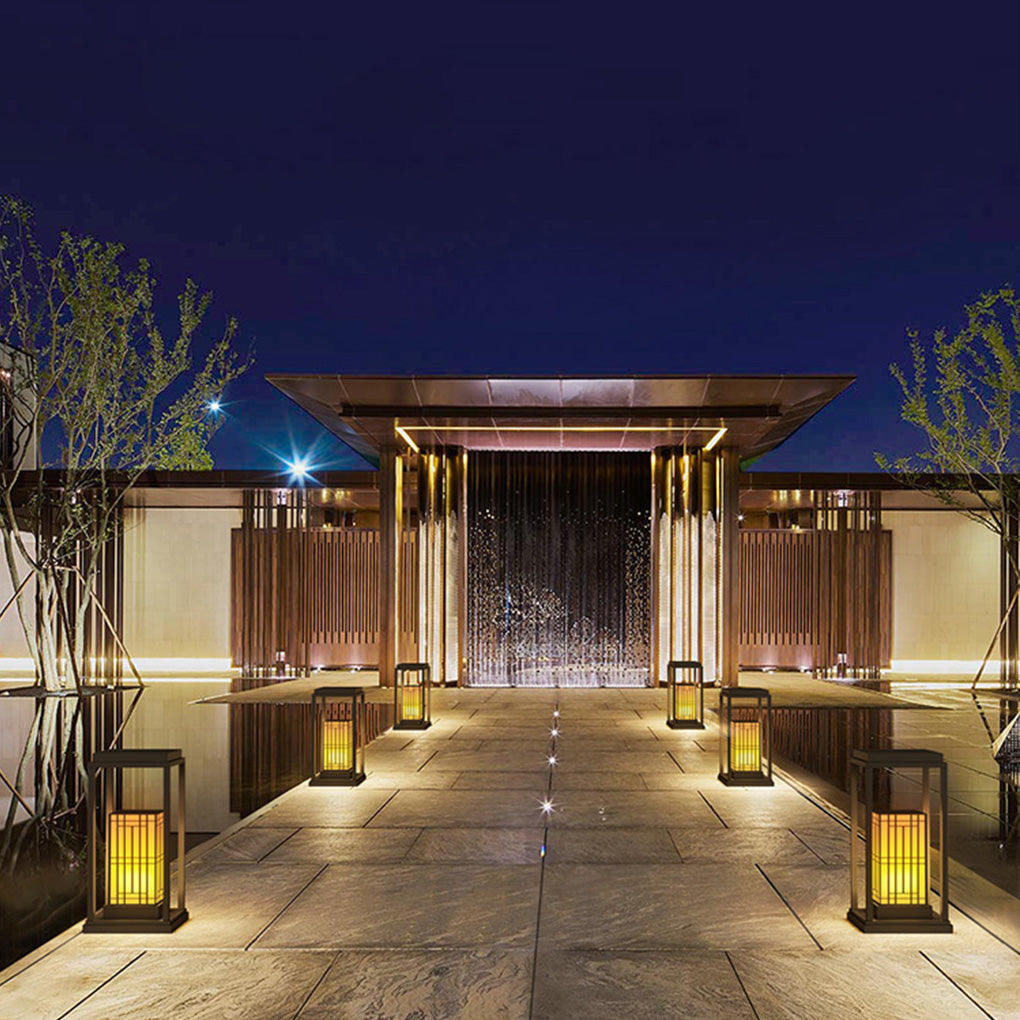 Traditional Asian Outdoor Light with Rectangular Frame and Patterned Lampshade - Lamp Outdoor
