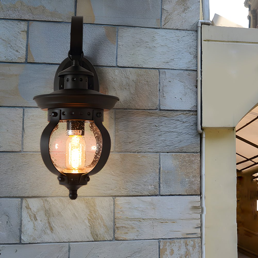 1-Light Seeded Glass Globe LED Outdoor Wall Lantern with Curved Arm - Lamp Outdoor