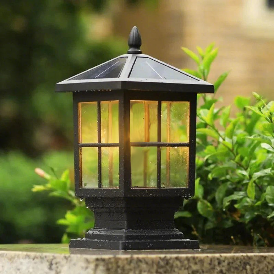 Traditional Square Waterproof LED Black Classic Solar Pillar Lights - Lamp Outdoor