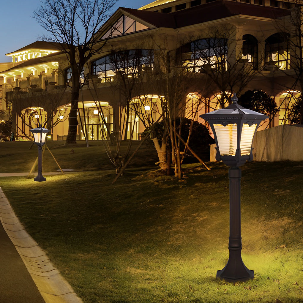 Ornate Top Vintage Solar LED Lawn Lamp in Elegant Coffee Gold Finish - Lamp Outdoor