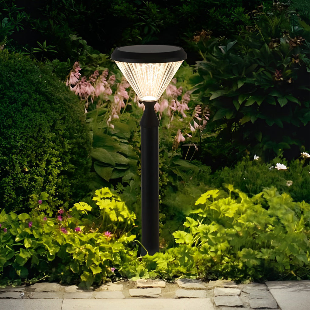 Round Solar LED Outdoor Lights in Black with Ribbed Lampshade - Lamp Outdoor