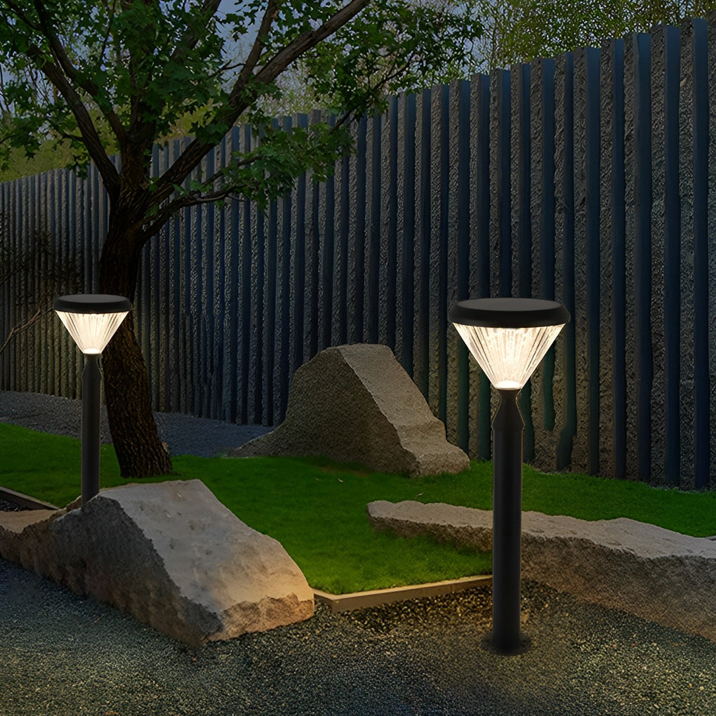 Round Solar LED Outdoor Lights in Black with Ribbed Lampshade - Lamp Outdoor