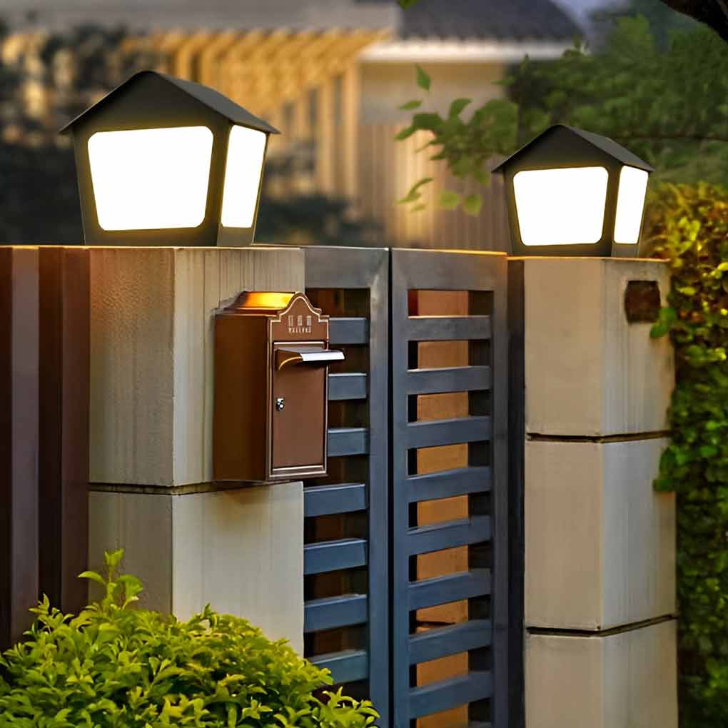 Cottage Shaped LED Waterproof Black Modern Solar Fence Post Lights Pillar Light - Lamp Outdoor