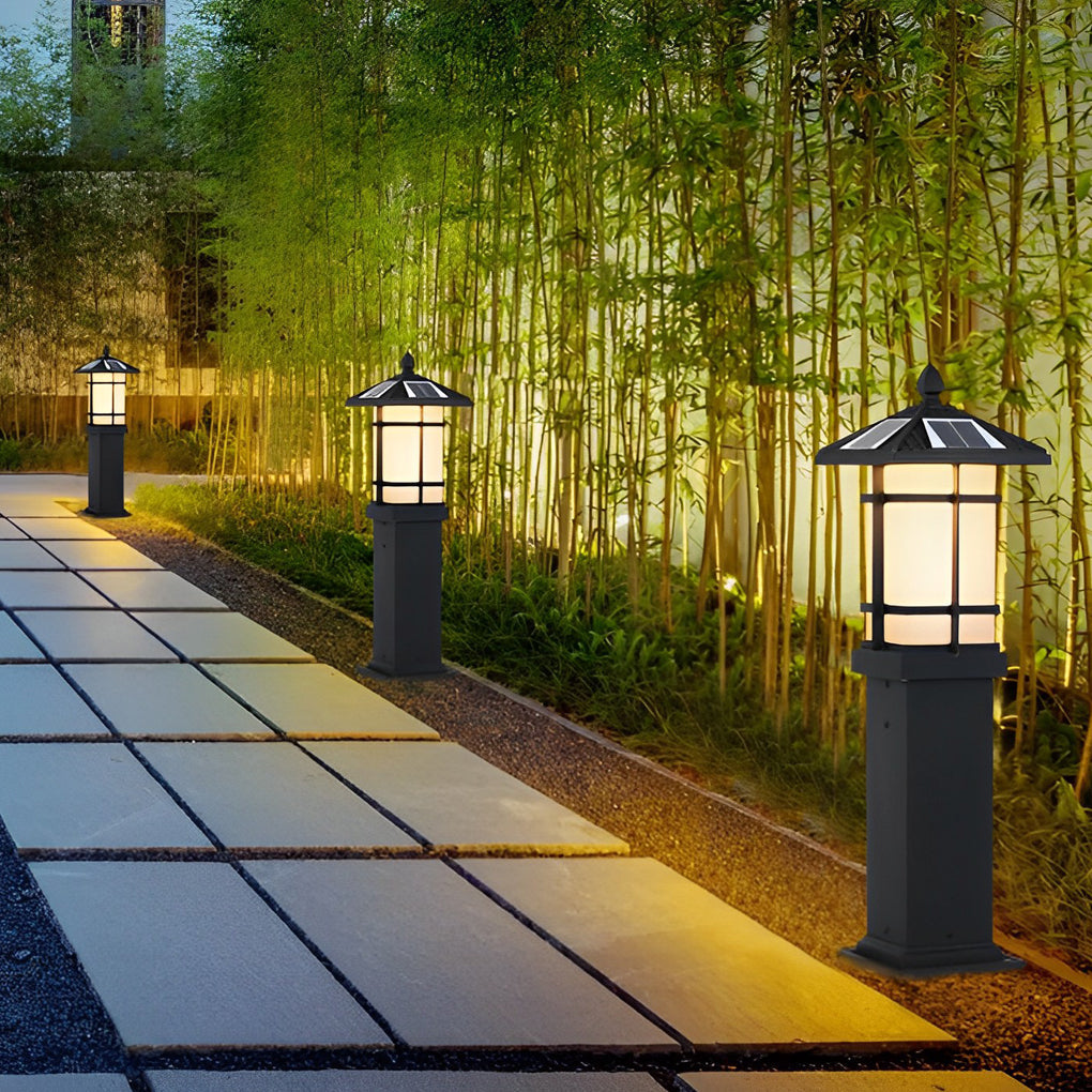 Modern Solar LED Bollard Lights with Ancient Asian Style Top Waterproof Outdoor Light - Lamp Outdoor