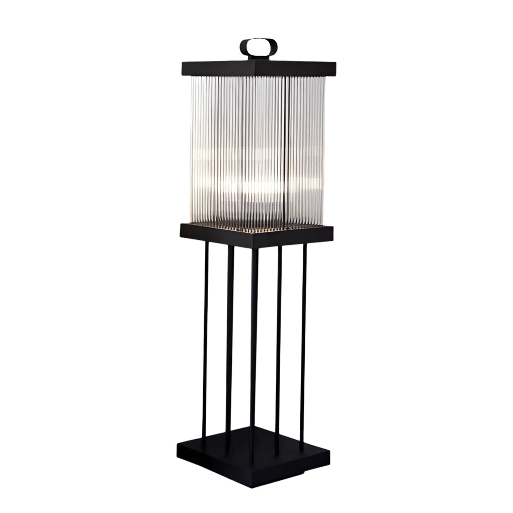 Portable Solar Lantern in Square Rippled Glass Design with Waterproof Black Finish - Lamp Outdoor