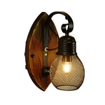 Rustic Antique Wood Iron Hollow Mesh Black E27 Industrial Style Wall Lamp - Lamp Outdoor
