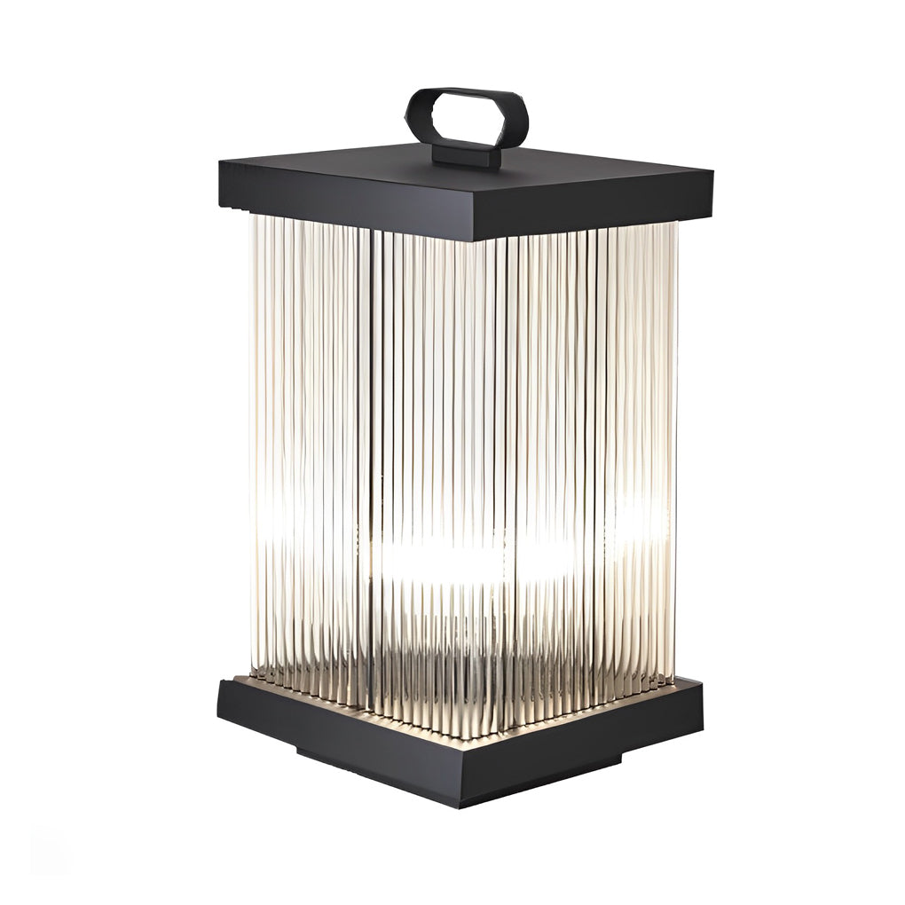 Portable Solar Lantern in Square Rippled Glass Design with Waterproof Black Finish - Lamp Outdoor