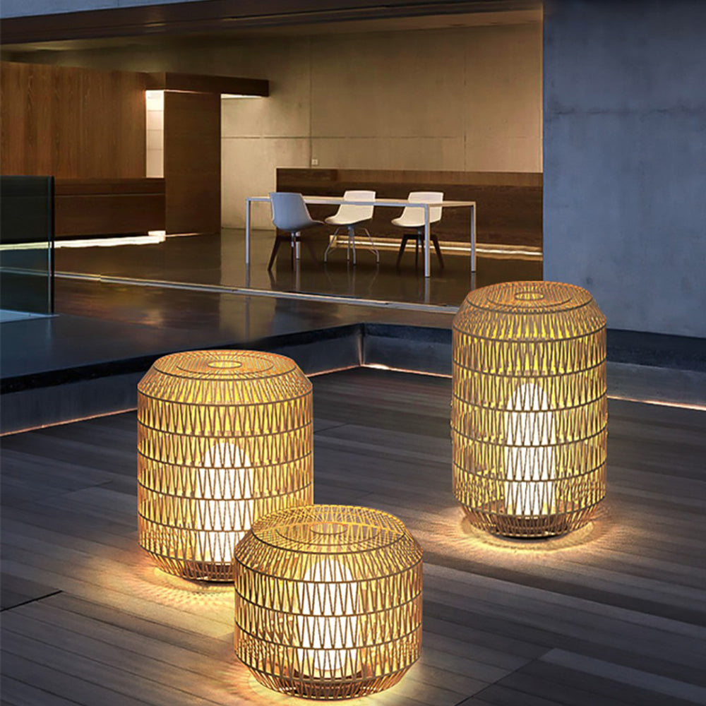 Ritta Vintage Lantern Rattan Floor Lamp, Hardwired/Solar, - Lamp Outdoor