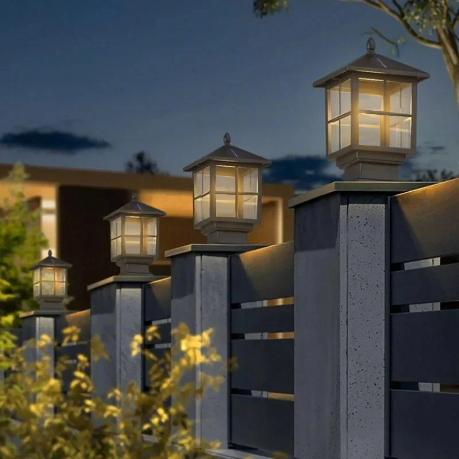 Traditional Square Waterproof LED Black Classic Solar Pillar Lights - Lamp Outdoor