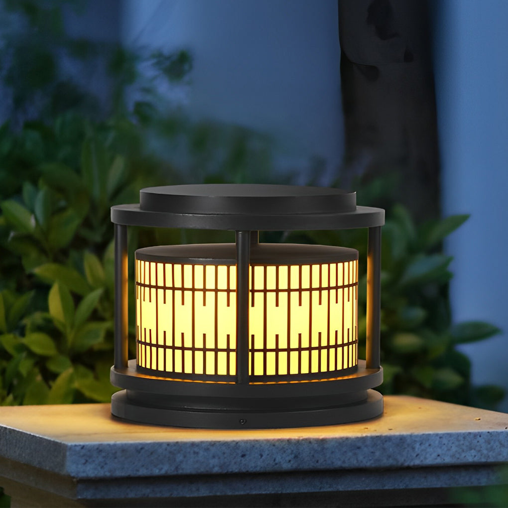 Round Retro Pattern Waterproof LED Black Modern Solar Fence Post Lights - Lamp Outdoor
