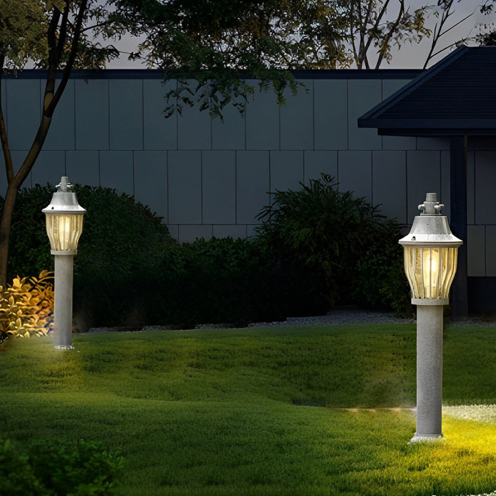 Hardwired Retro Aluminum Pathway Light with Caged Aluminum & PC Lampshade - Lamp Outdoor