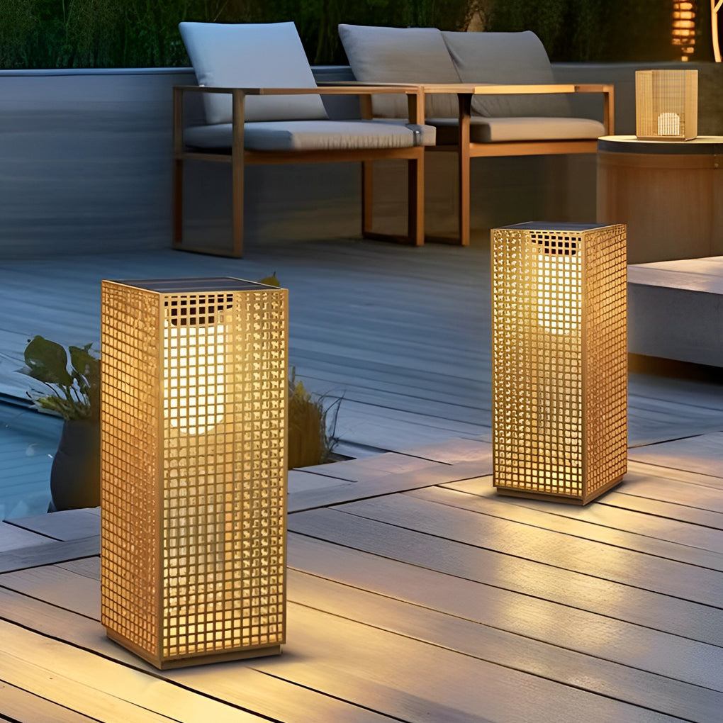 Artistic Gold Cuboid Pathway Bollard Lights with LED Solar or Hardwired Asian-Inspired Design - Lamp Outdoor