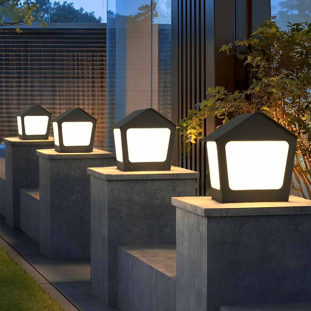 Cottage Shaped LED Waterproof Black Modern Solar Fence Post Lights Pillar Light - Lamp Outdoor