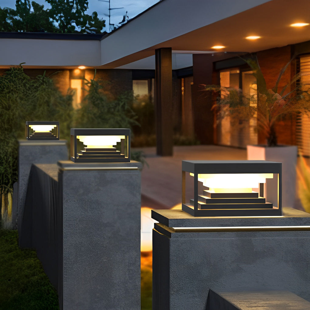 Square Steps Creative Waterproof LED Black Modern Solar Post Caps Lights - Lamp Outdoor