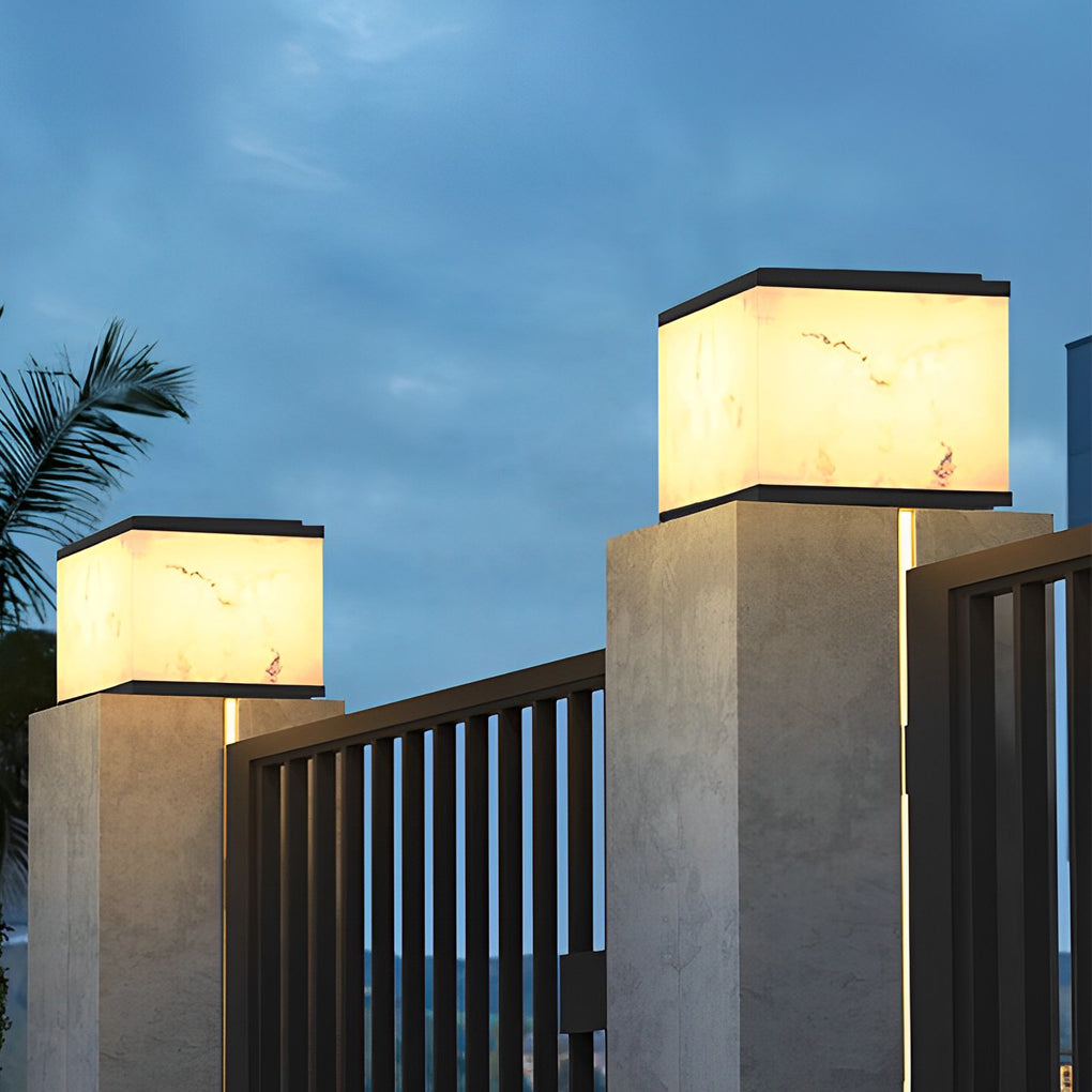 Square Marbled LED Waterproof Modern Solar Powered Fence Post Lights - Lamp Outdoor