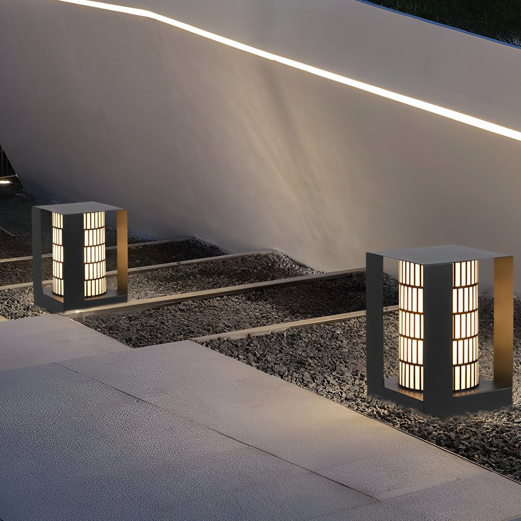 Four-Panel Cylinder Lantern LED Black Waterproof Outdoor Light with Lattice Pattern - Lamp Outdoor
