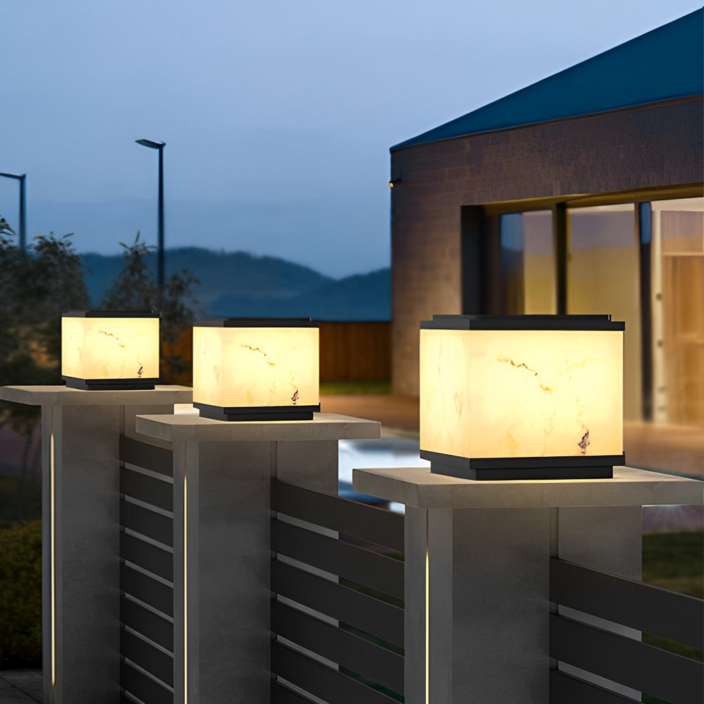 Square Marbled LED Waterproof Modern Solar Powered Fence Post Lights - Lamp Outdoor