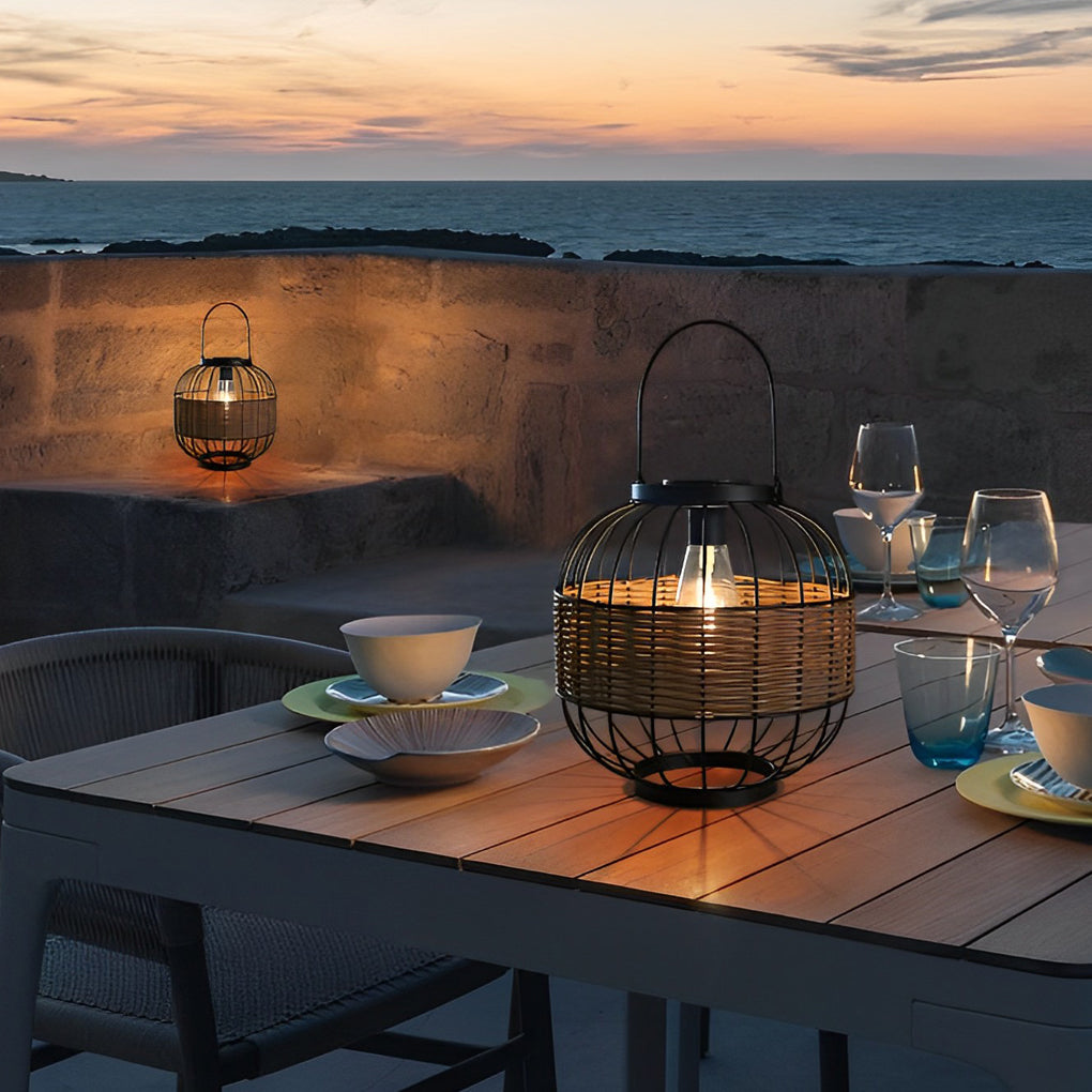 Rattan Decor Cage Shape Waterproof Intelligent Outdoor Solar Lanterns - Lamp Outdoor