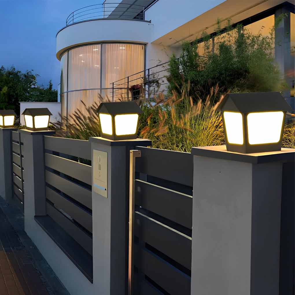 Cottage Shaped LED Waterproof Black Modern Solar Fence Post Lights Pillar Light - Lamp Outdoor