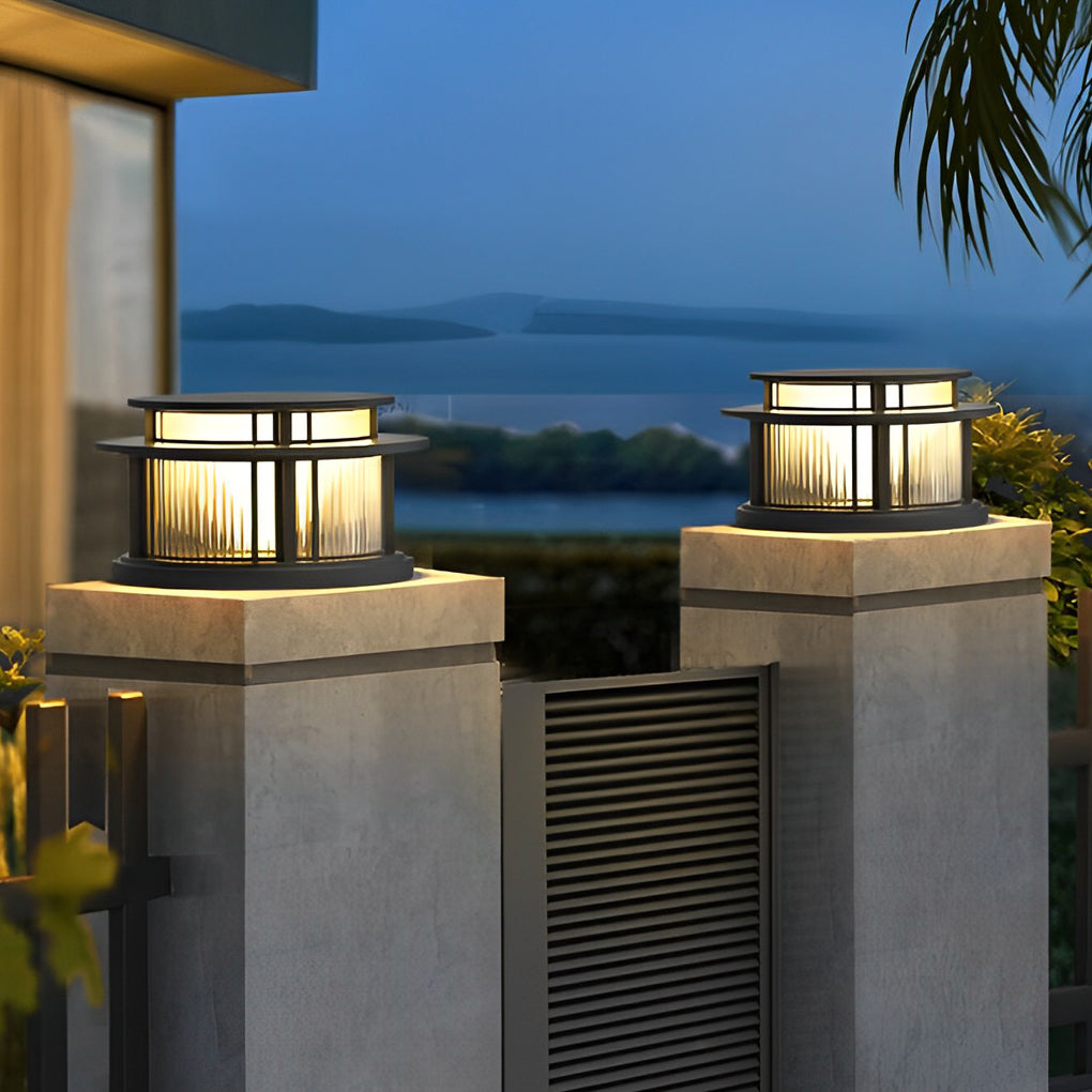 Round Waterproof Led Black Modern Solar Fence Post Lights Pillar Light - Lamp Outdoor