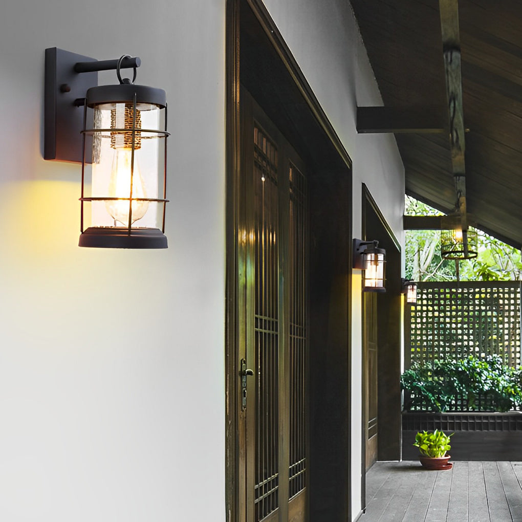 Waterproof Iron Glass Lantern Black Retro Rustic Exterior Wall Lights - Lamp Outdoor