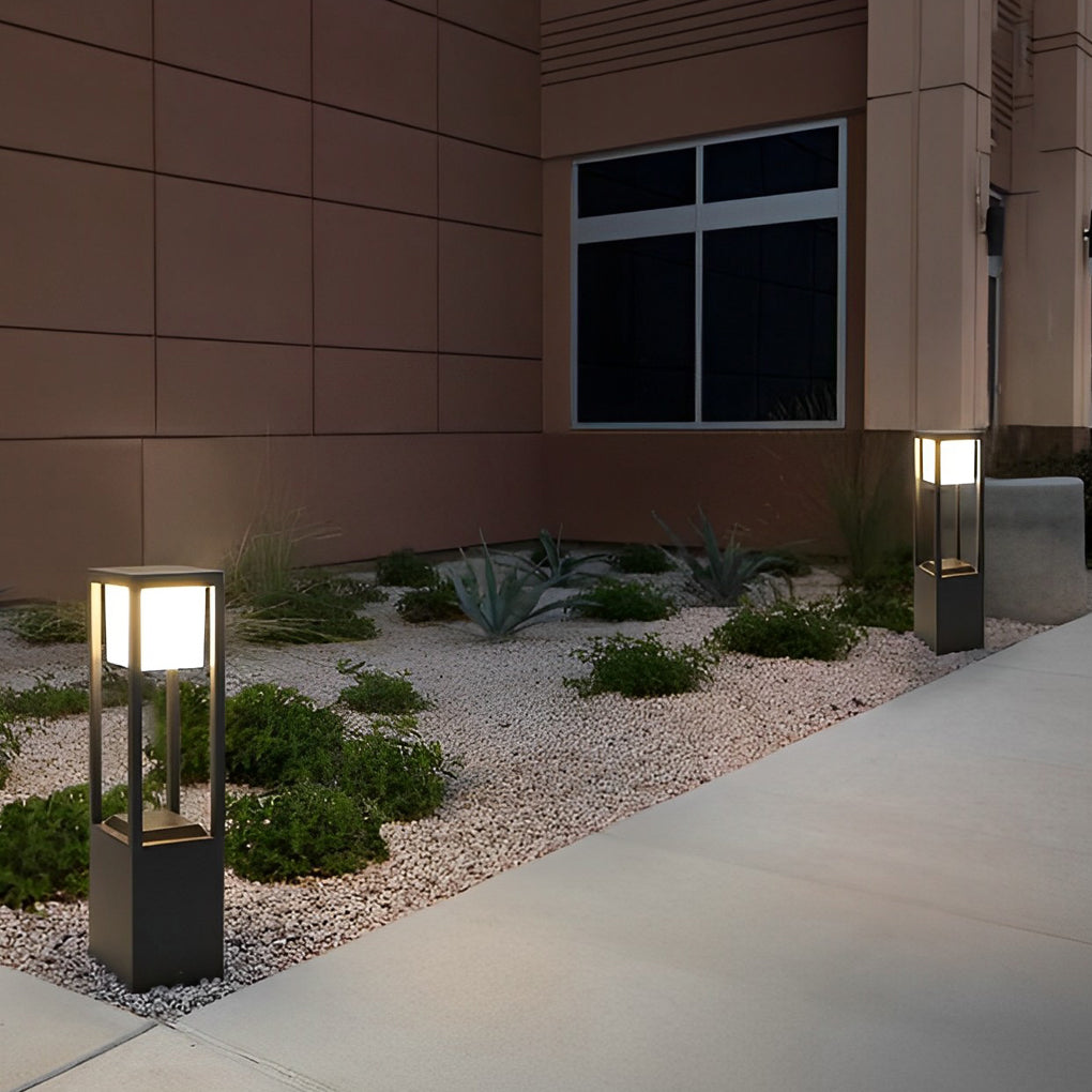 Hollow Rectangular Solar LED Pathway Bollard Lights Black Aluminum Modern Design - Lamp Outdoor
