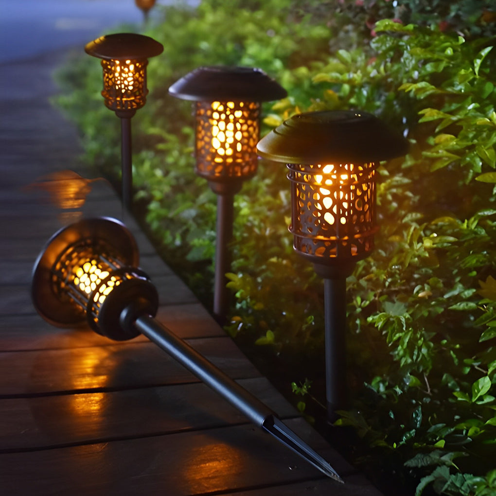 Waterproof Round Hollow LED Flame Flickering Modern Solar Lawn Lights - Lamp Outdoor