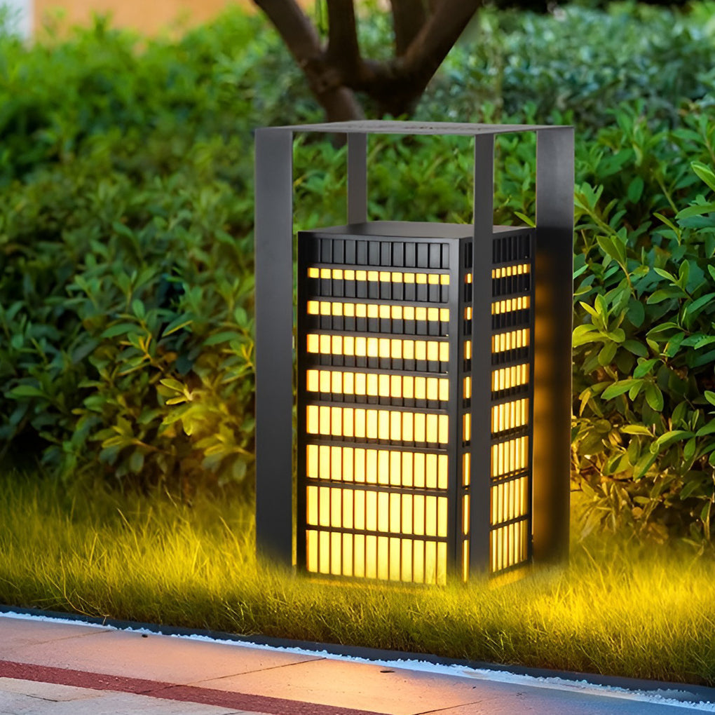 Black Industrial LED Outdoor Pathway Lantern - Building-Inspired Cuboid Design - Lamp Outdoor