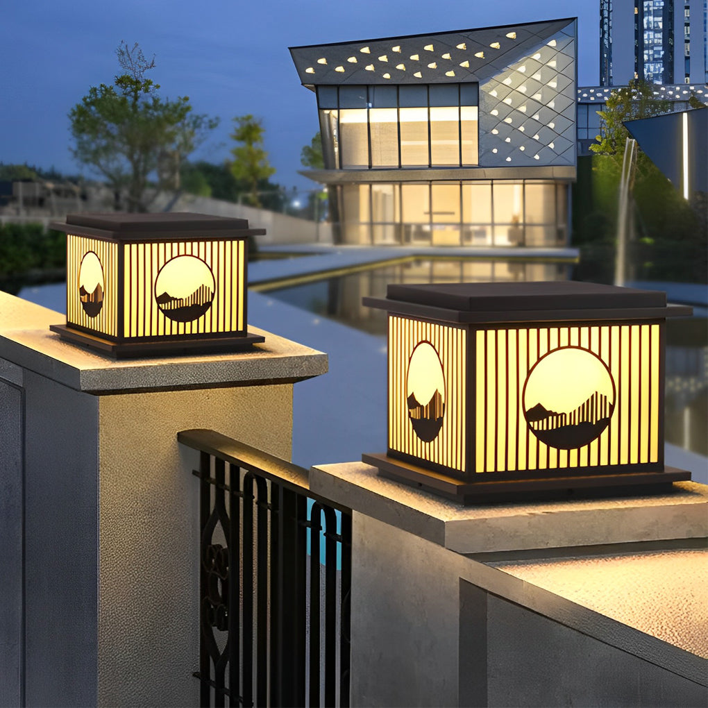 Retro Mountain Scenery LED Waterproof Black Modern Solar Pillar Lamp - Lamp Outdoor