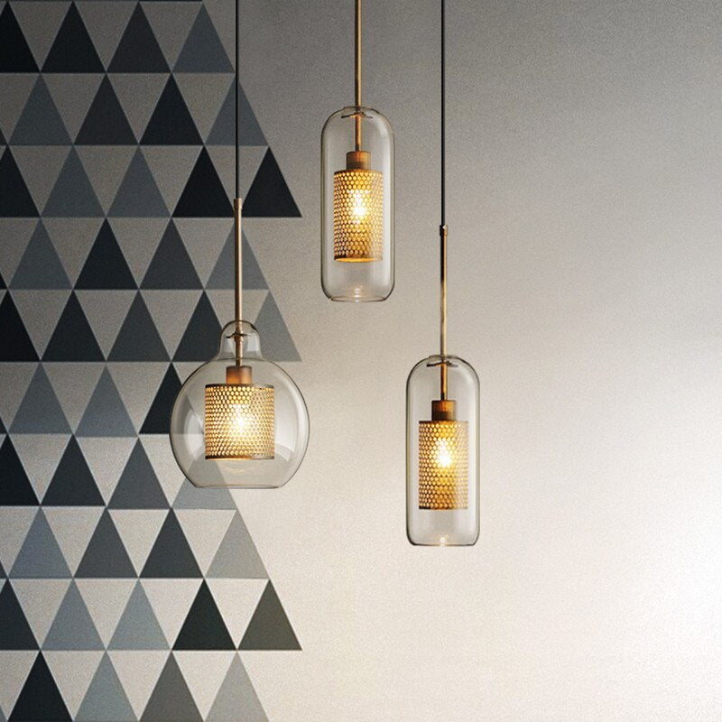 Hessa Contemporary Golden Pendant Light, Glass, Globe/Cylindric - Lamp Outdoor