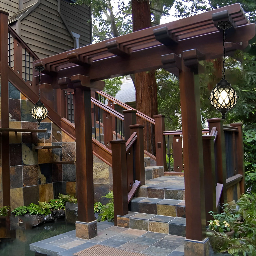 1-Light Tea Glass Globe Outdoor Pendant Lights Outside Haning Lantern Chandelier - Lamp Outdoor