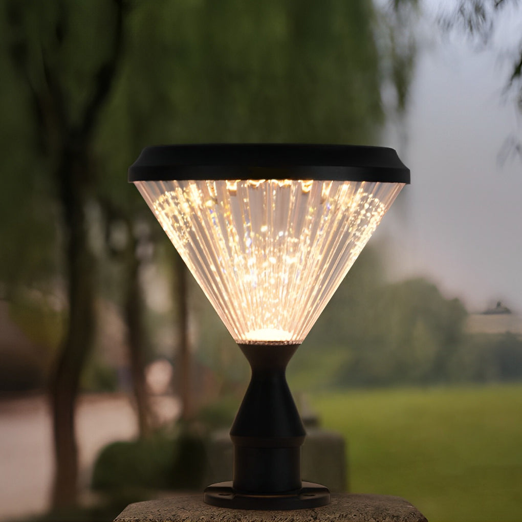 Round Solar LED Outdoor Lights in Black with Ribbed Lampshade - Lamp Outdoor