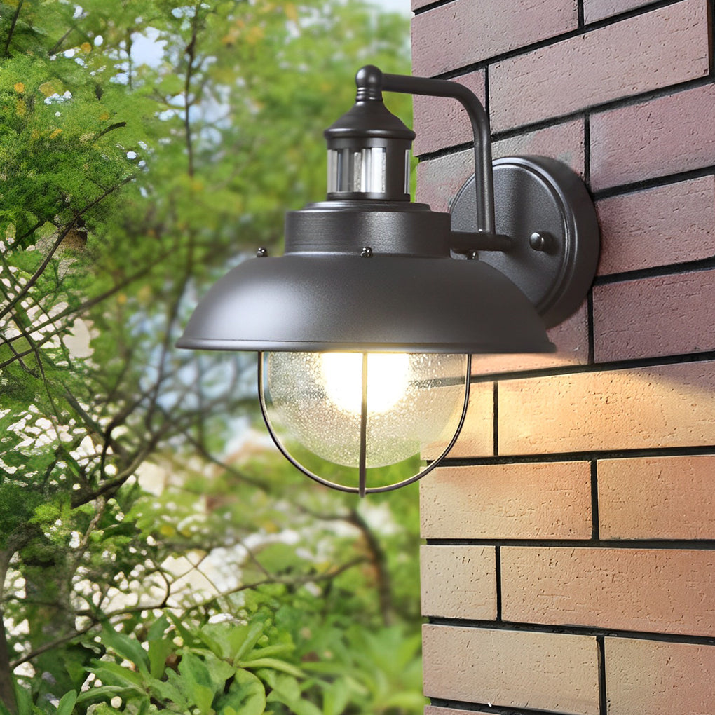 Nautical Black 1-Light Metal Cage Seeded Glass Outdoor Wall Light - Lamp Outdoor