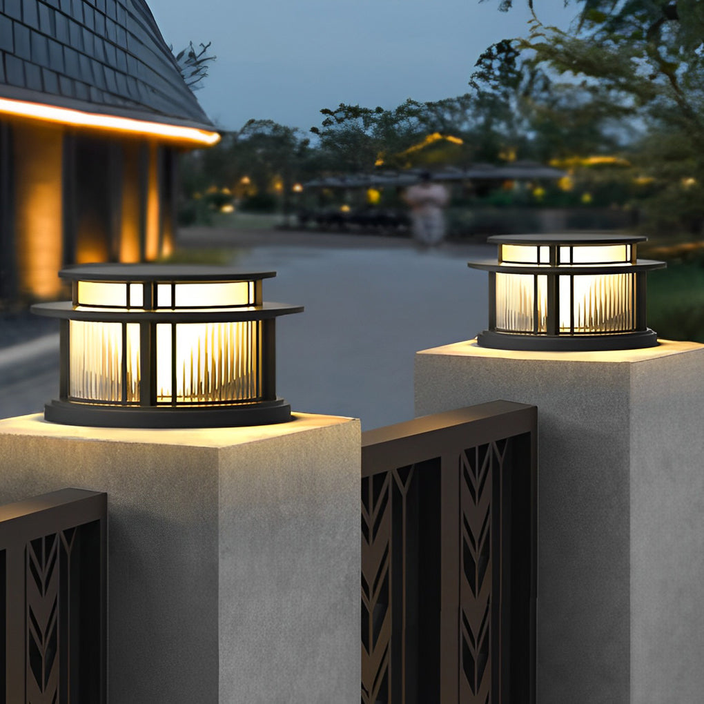 Round Waterproof Led Black Modern Solar Fence Post Lights Pillar Light - Lamp Outdoor