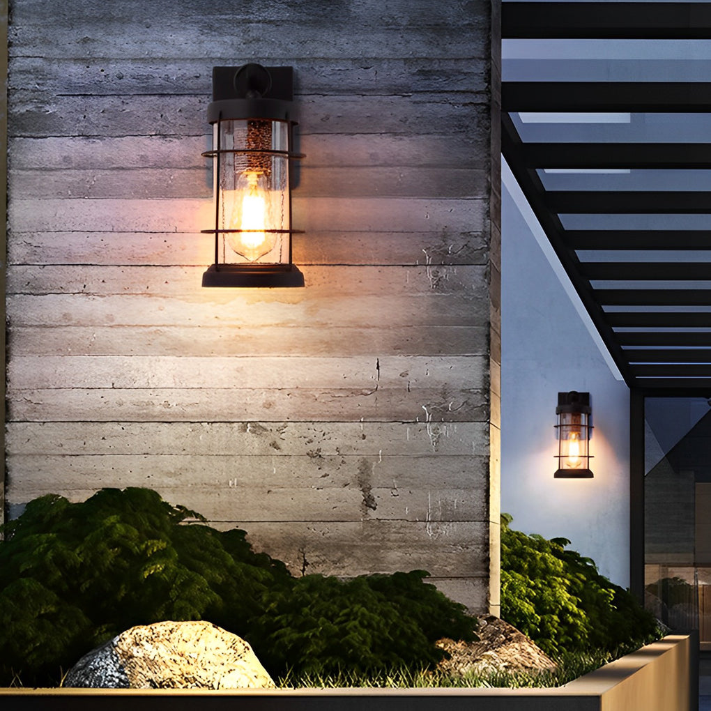 Waterproof Iron Glass Lantern Black Retro Rustic Exterior Wall Lights - Lamp Outdoor
