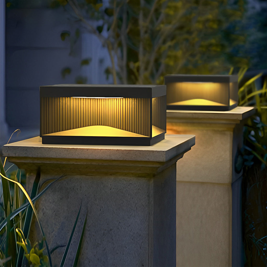 Square Metal Striped Decor LED Waterproof Black Solar Fence Post Light - Lamp Outdoor