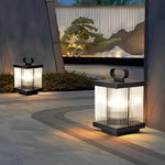 Portable Solar Lantern in Square Rippled Glass Design with Waterproof Black Finish - Lamp Outdoor