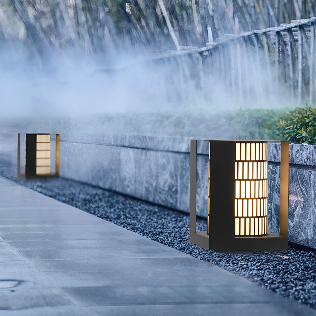 Four-Panel Cylinder Lantern LED Black Waterproof Outdoor Light with Lattice Pattern - Lamp Outdoor