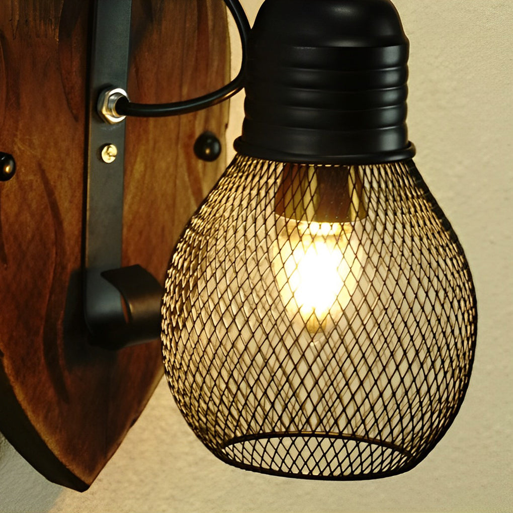 Rustic Antique Wood Iron Hollow Mesh Black E27 Industrial Style Wall Lamp - Lamp Outdoor