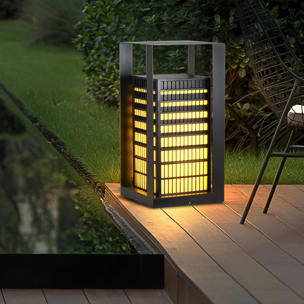 Black Industrial LED Outdoor Pathway Lantern - Building-Inspired Cuboid Design - Lamp Outdoor