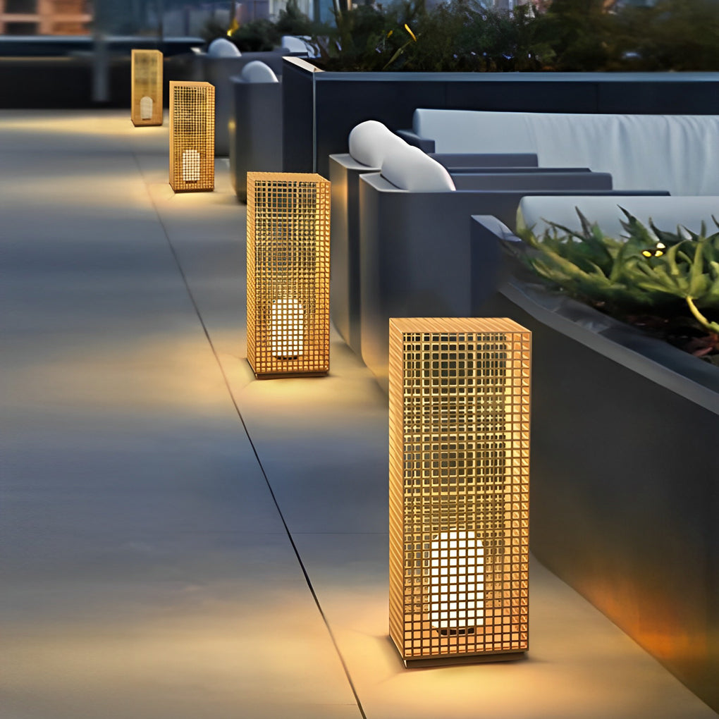 Artistic Gold Cuboid Pathway Bollard Lights with LED Solar or Hardwired Asian-Inspired Design - Lamp Outdoor