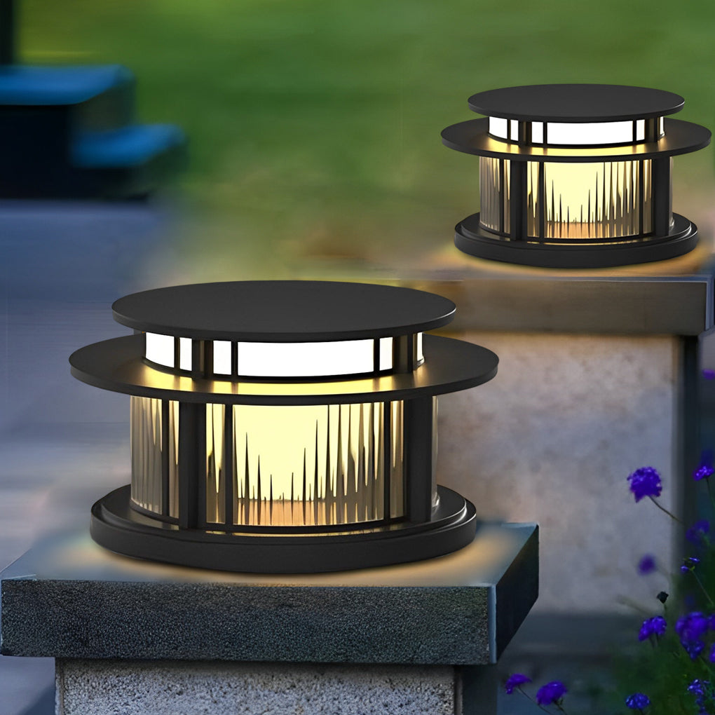 Round Waterproof Led Black Modern Solar Fence Post Lights Pillar Light - Lamp Outdoor